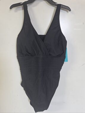 Aqua Green Black Surplice One-Piece Swimsuit